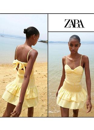 Літня легка сукня з зав'язкою бантом zara жовта біла в клітинку жіноча коротка плаття жіноче сарафан