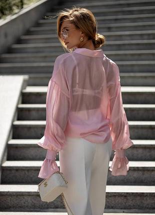 Женская качественная легкая полупрозрачная блуза блузка с длинным рукавом на пуговицах тенсел розовая