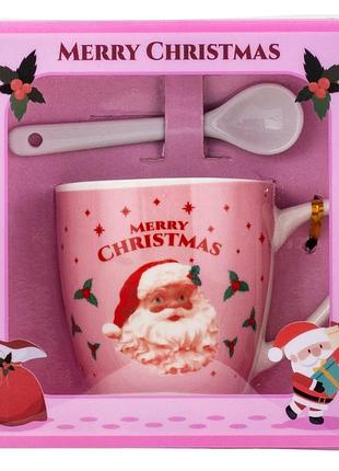 Подарункова новорічна чашка з ложкою merry christmas 175 мл 11х8 см 19150-003 рожева