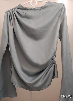 Красивая сатиновая блуза с драпировкой широкие рукава 1+1=3🎁на все❗