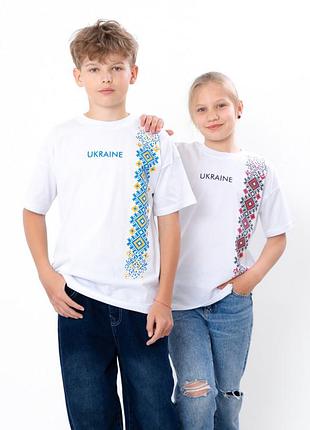 Футболка детская классическая, базовая, белая с патриотическим принтом в виде вышиванки