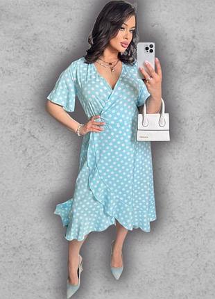 Платье миди летнее женское асимметричное на запах с рюшами большого размера батал платья голубое