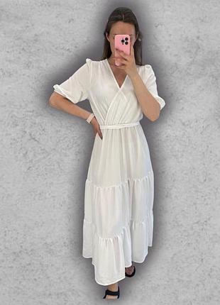 Сукня довга літня жіноча на запах з оборками а силуету розкльошена пишна котон білий