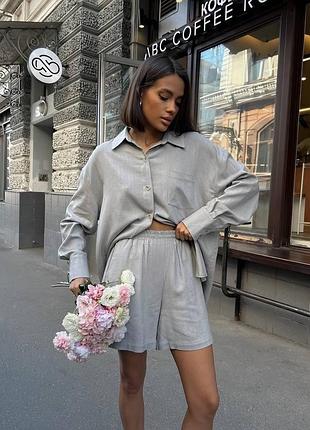 🌈4! шикарный льняной летний натуральный костюм шорты рубашка жаское серое лето лен бохо
