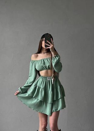 🌈4! шикарный женский костюм креп жатка жаский топ юбка юбка воланы пышное масло