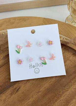 Набор 4 пары серьг цветы бабочки