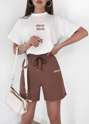 Костюм із шортами жіночий літній miumiu двухнитка футболка і шорти вільні комплект двійка весняний