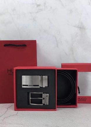 Чоловічий ремінь hugo boss чорний з 2 пряжками / купити подарунковий набір / на подарунок в стилі