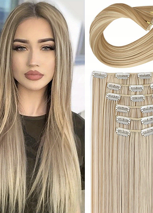 Накладные волосы на ступенях блонд мелированный шиньон тресса 58см