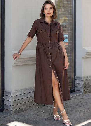 Платье рубашка женское летнее льняное миди на пуговицах свободное с короткими рукавами шоколадное