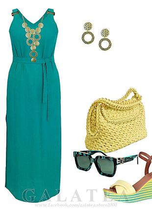 Бірюзова довга сукня – сарафан з льону