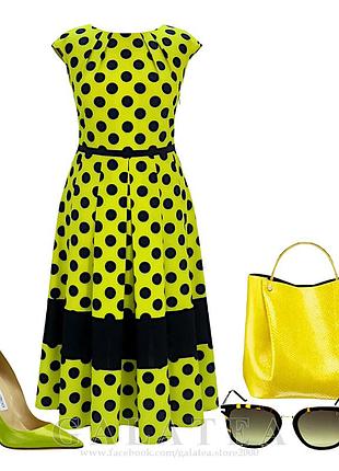 Легкое желтое – лимонное платье-миди в темно- синий горох2 фото