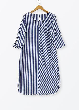Голубое льняное платье в белую полоску8 фото