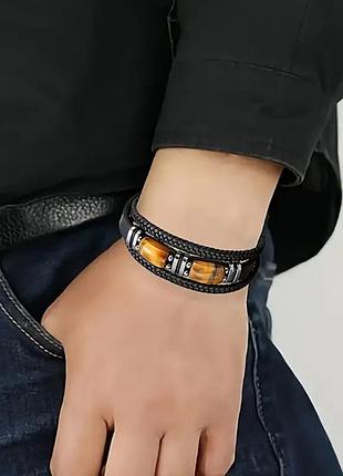 🔺💪🖤 мужской браслет-амулет эко-кожа и натуральный камень тигровый глаз