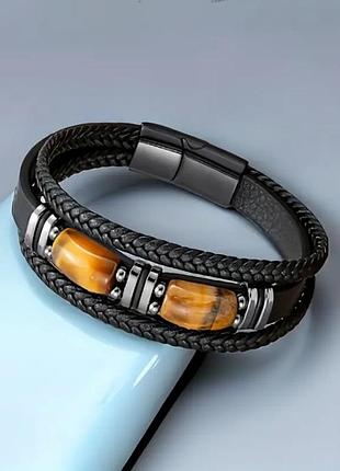 🔺💪🖤 мужской браслет-амулет эко-кожа и натуральный камень тигровый глаз