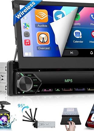Nhopeew 1 din 7-дюймовый выдвижной автомобильный радиоприемник с беспроводным carplay