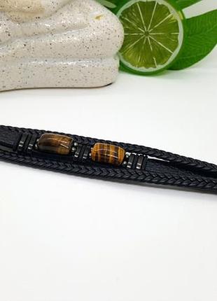 🔺💪🖤 мужской браслет-амулет эко-кожа и натуральный камень тигровый глаз