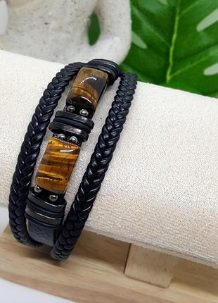 🔺💪🖤 мужской браслет-амулет эко-кожа и натуральный камень тигровый глаз