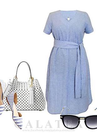 Голубое льняное платье в белую полоску