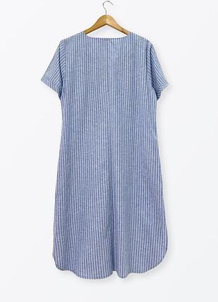 Голубое льняное платье в белую полоску7 фото