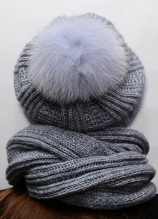 Жіночий хутряний в'язаний комплект шапка + шарф