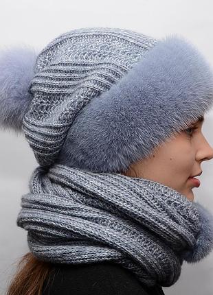 Жіночий хутряний в'язаний комплект шапка + шарф