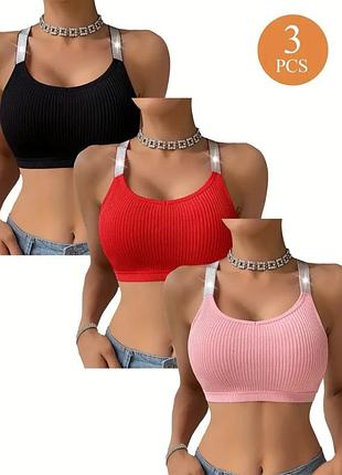 Набор из 3-х укороченных топов с блестящими лямками