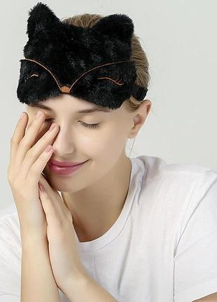 Мягкая плюшевая маска для сна лисичка, с нишей для гелевого вкладыша, черная