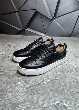 Чоловічі кеди туфлі на шнурівці чорні на білій підошві натуральна шкіра к-8