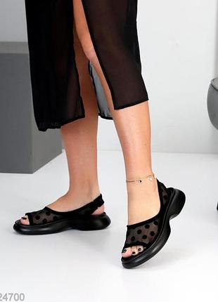 Женские популярные черные босоножки открыты натуральная замша + текстильная сетка в горошек, отлично сиденья