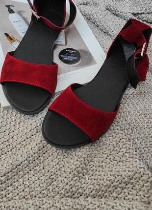 Бордовые босоножки низкий ход, натуральная замша