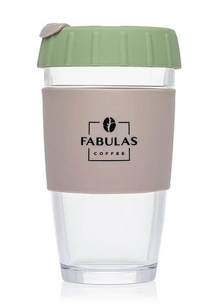 Чашка fabulas glass+silicone з кришкою ребро зелено-сіра 450мл
