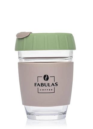 Чашка fabulas glass+silicone з кришкою ребро зелено-сіра 340мл