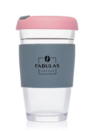 Чашка fabulas glass+silicone з кришкою рожево-сіра 450мл