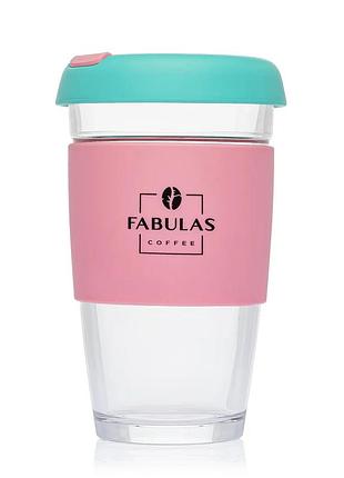 Чашка fabulas glass+silicone з кришкою зелено - рожева 450мл