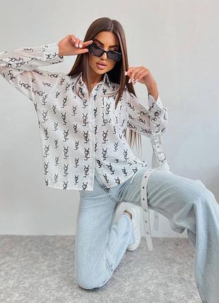 Трендовая полупрозрачная женская рубашка с брендовыми лого,шифон в размере 42-44