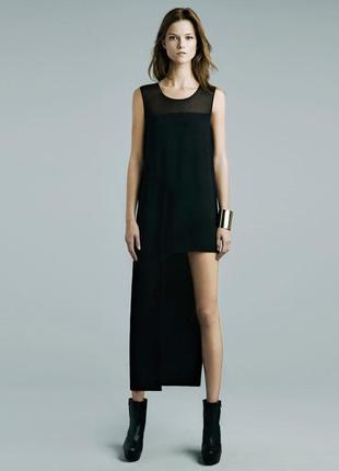 Zara платье черное асимметричной  длины с прозрачной кокеткой  м1 фото
