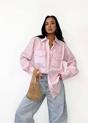 Сорочка жіноча базова оверсайз бавовняна в смужку рубашка вільна ніжно рожева з білим