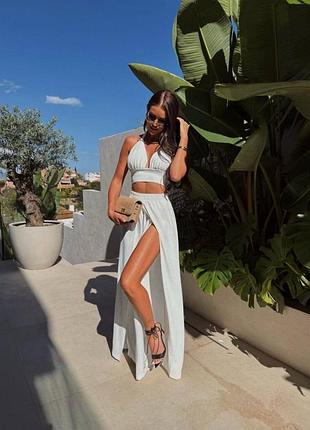 Жіночий білий літній костюм | топ та штани з розрізом | 8813