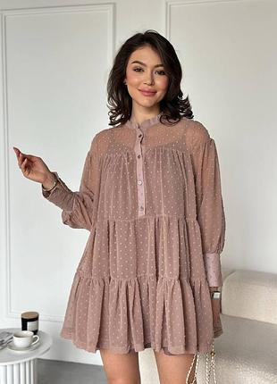 Мини платье нежное длинный рукав в горошек пышный воротник шифон многослойное праздничное