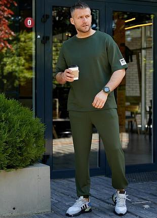 Костюм двойка мужской спортивный комплект футболка штаны джоггеры стильный повседневный хаки