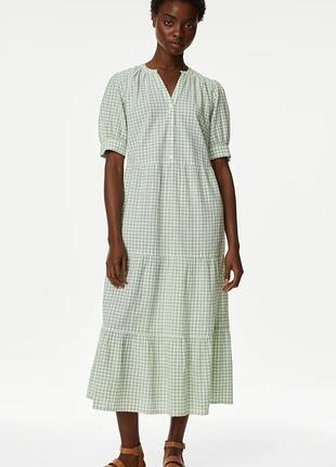 Платье в клетку, платье с пуговицами, платье из хлопка, оливковое платье р с-м,