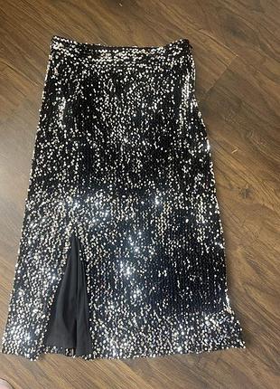 Юбка миди, пайетка, с разрезом
