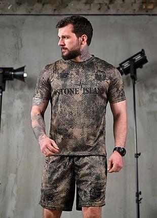 Костюм мужской летний stone island x new balance khaki! костюм футболка + шорты!
