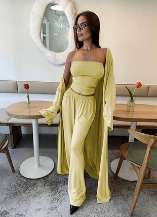 Хітовий костюм трійка // стильний жіночий комплект з віскози кардиган + топ + широкі штани палаццо