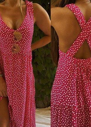 Красный длинный сарафан в сердечки летний на бретелях