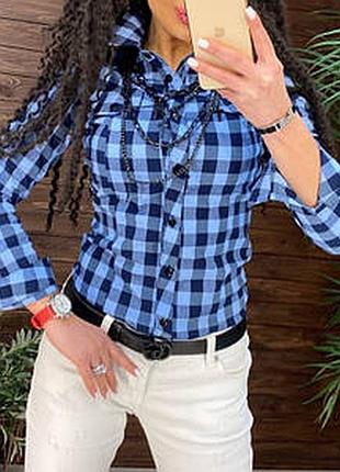 Женская рубашка в клетку голубя, застегивается на пуговицы