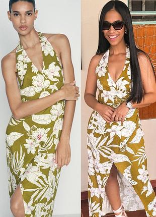 Тропическое платье zara с льном l/xl