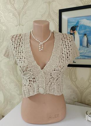 В'язана жилетка топ бохо укорочена з візерунком на гудзику короткий рукав  однотонна ретро жіноча