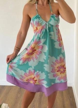 Платье сарафан шелк цветы через шею